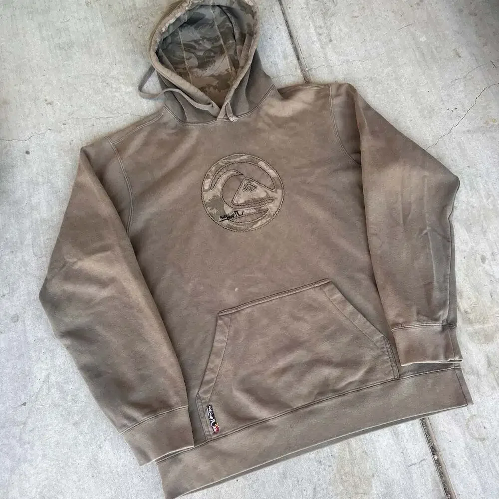 Quiksilver Men's Brown Graphic Logo Hoodie with Camo Print Detail